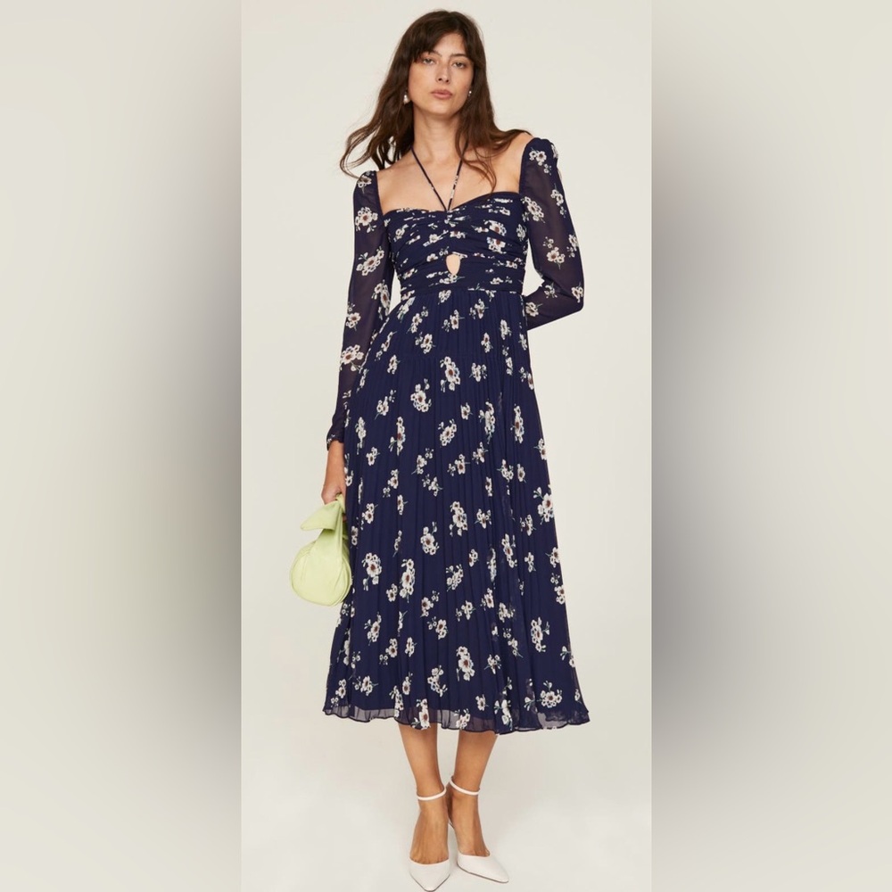 Self-Portrait Navy Blue Floral Long Sleeve Midi Dress